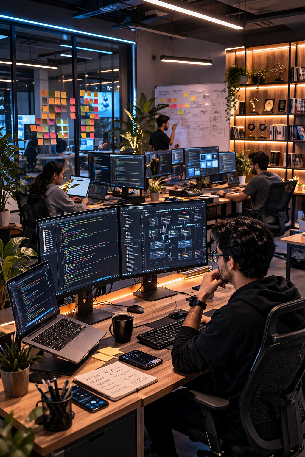 modern software development office at night.png
